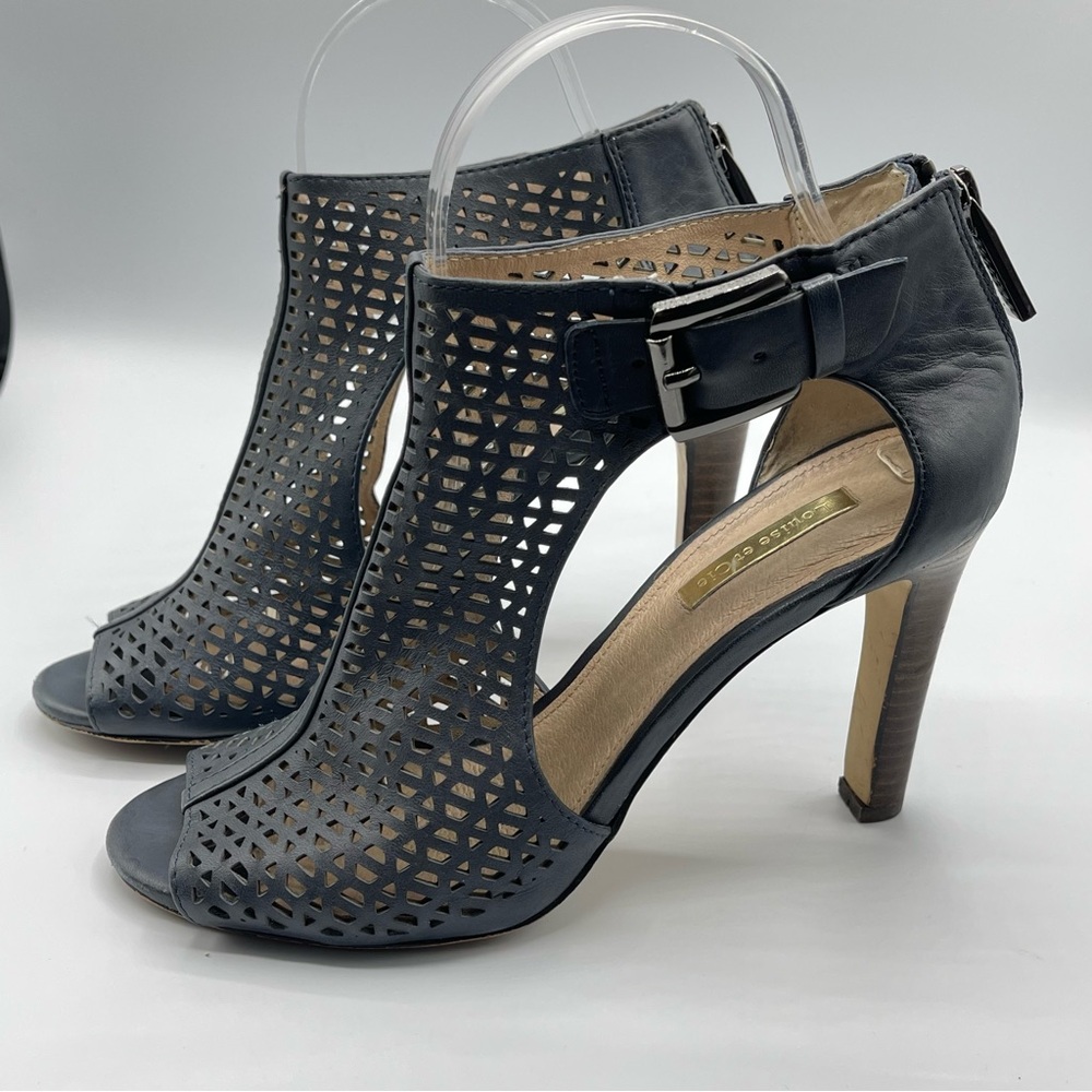 Louise et Cie Navy Blue Olivia 2 Leather High Heel Peep Toe Bootie Size 7B